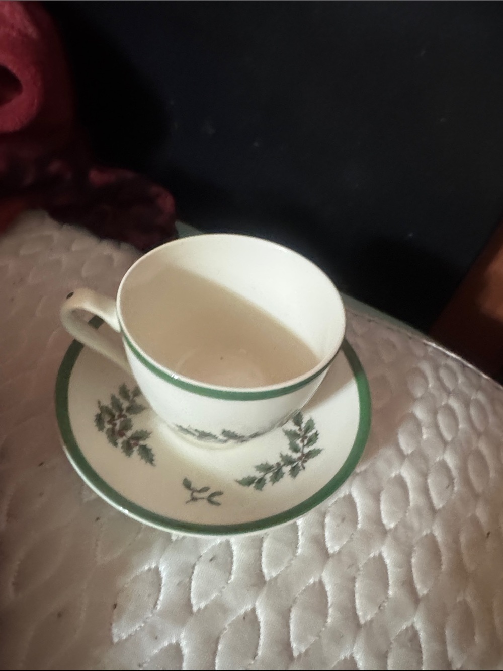 Spode White Tea Cup and Saucer with Green Trim and Holly Motif